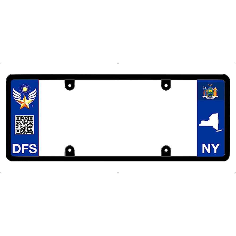 Official DFS patented license plate frame featuring custom brand graphics on the left and a New York flag on the right.