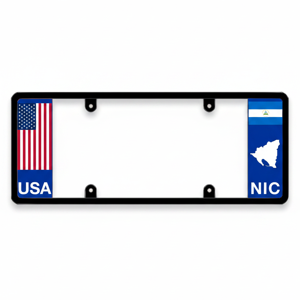 License plate frame with American flag and Nicaragua map design on a white background