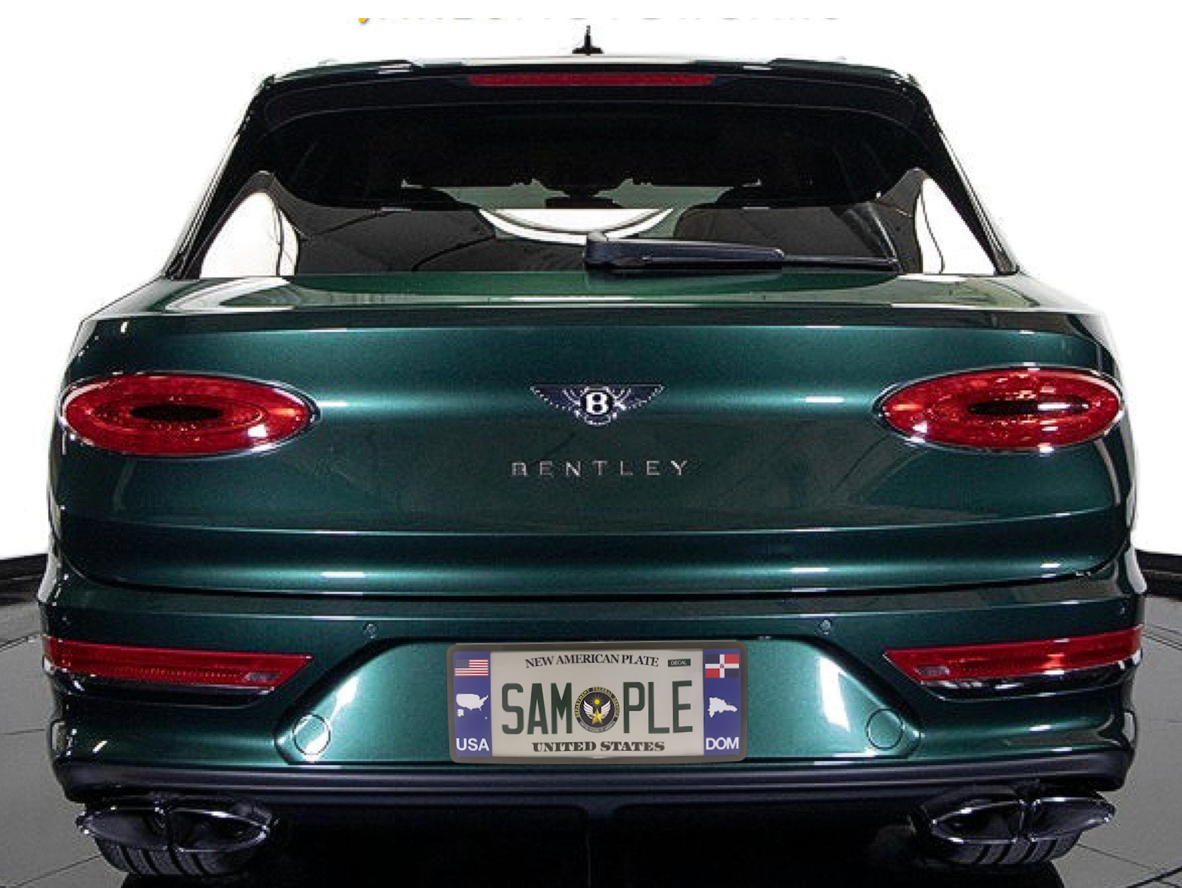 Green Bentley USA with unique license plate frame DFS drive your identity DFSbrands.com