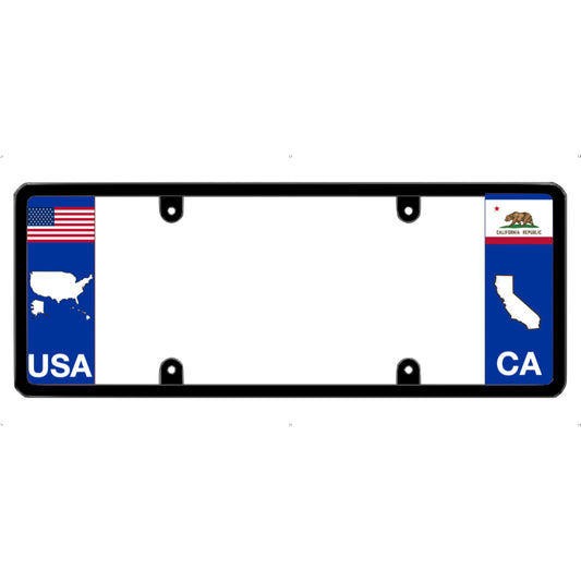 Black license plate frame with USA and California state symbols on a white background