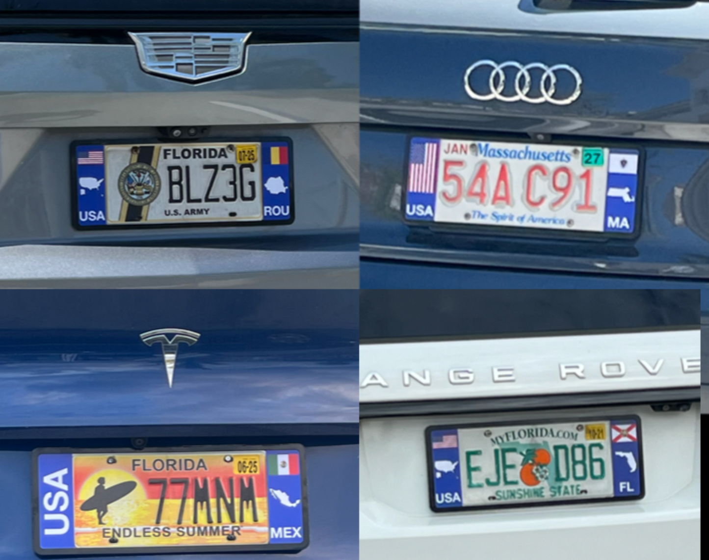 Collage of various DFS license plates frames from different states on cars