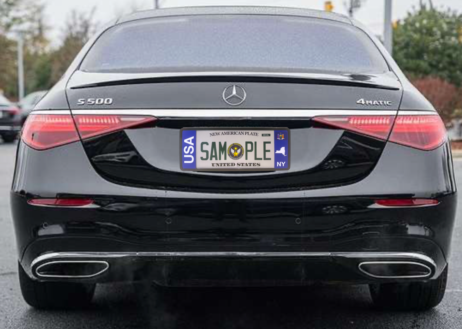 Black Mercedes with DFS official license frame of America choosing international countries or states options to drive your identity by DFSbrands.com
