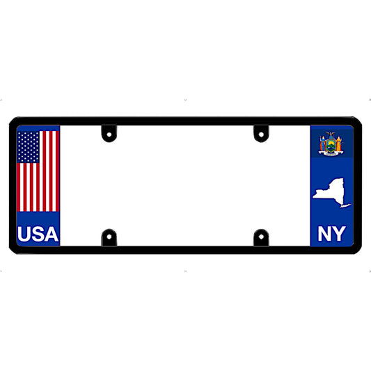 Black license plate frame with USA and New York state designs on a white background