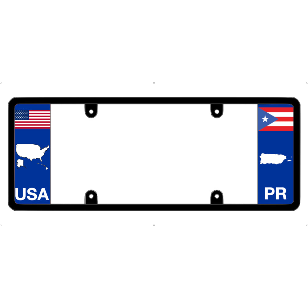 License plate frame with Puerto Rico flag  and American flag on a white background