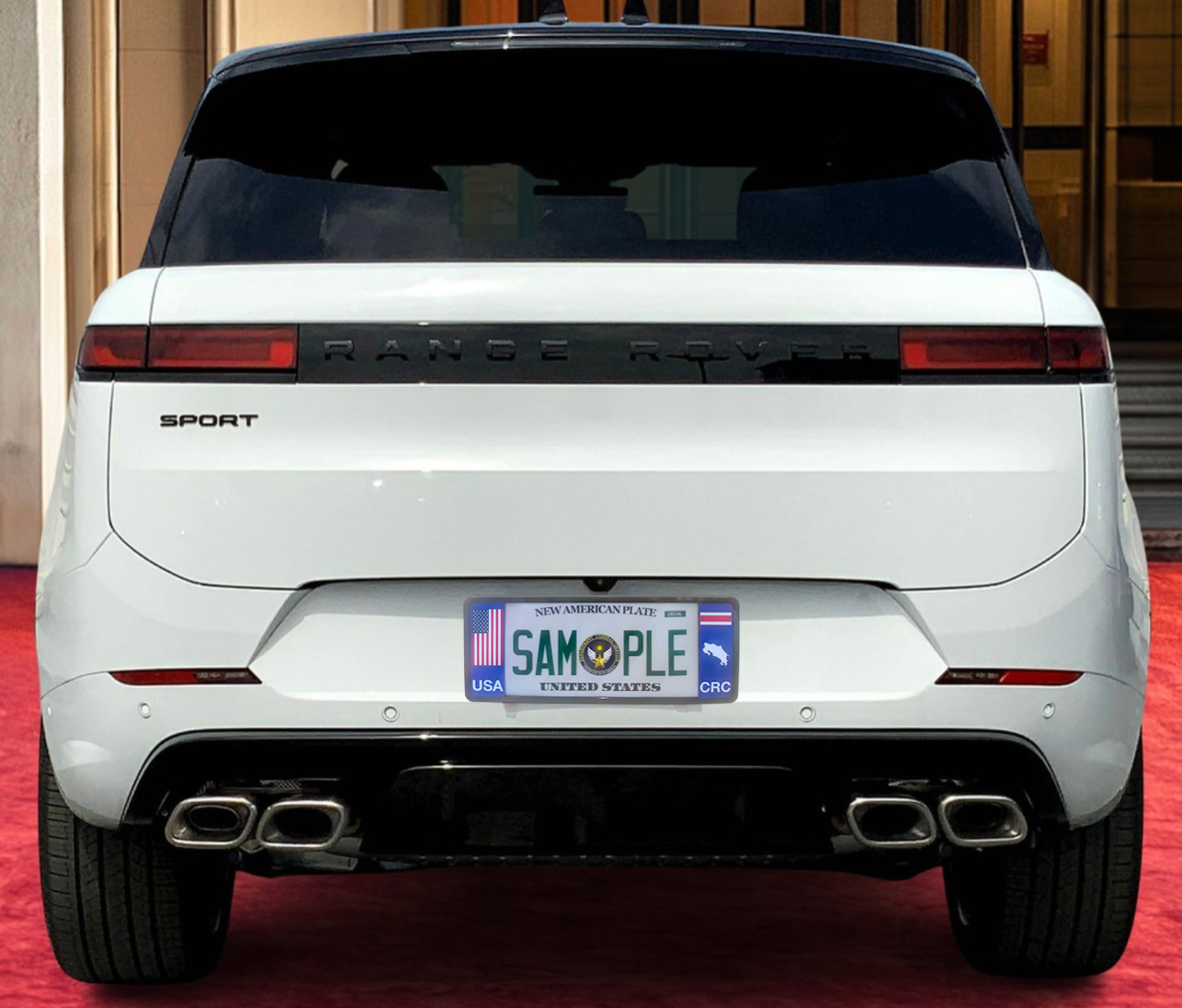 Range rover with the unique license plate frame patented by DSF the official license frame of America, Drive your identity.