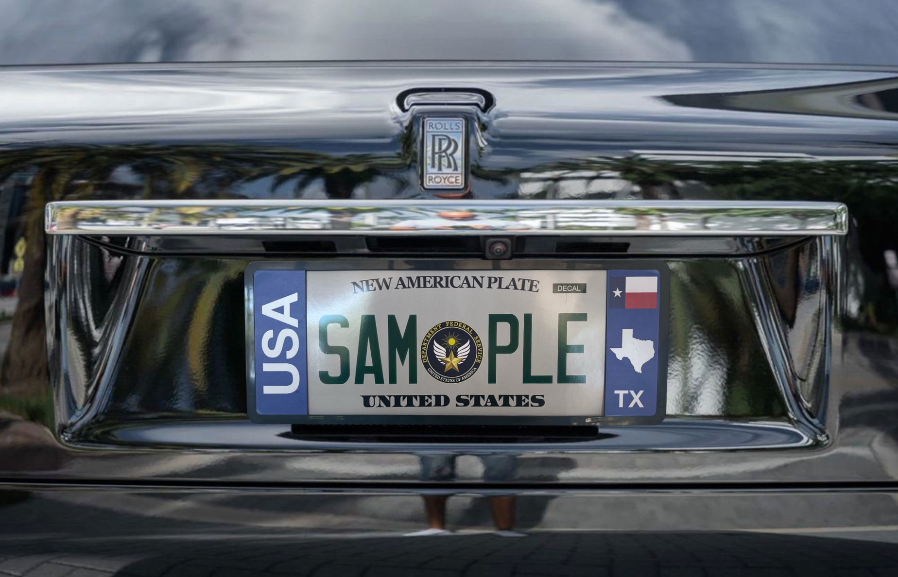 Black Rolls Royce with DFS official license frame of America showing international countries or states options to drive your identity by DFSbrands.com