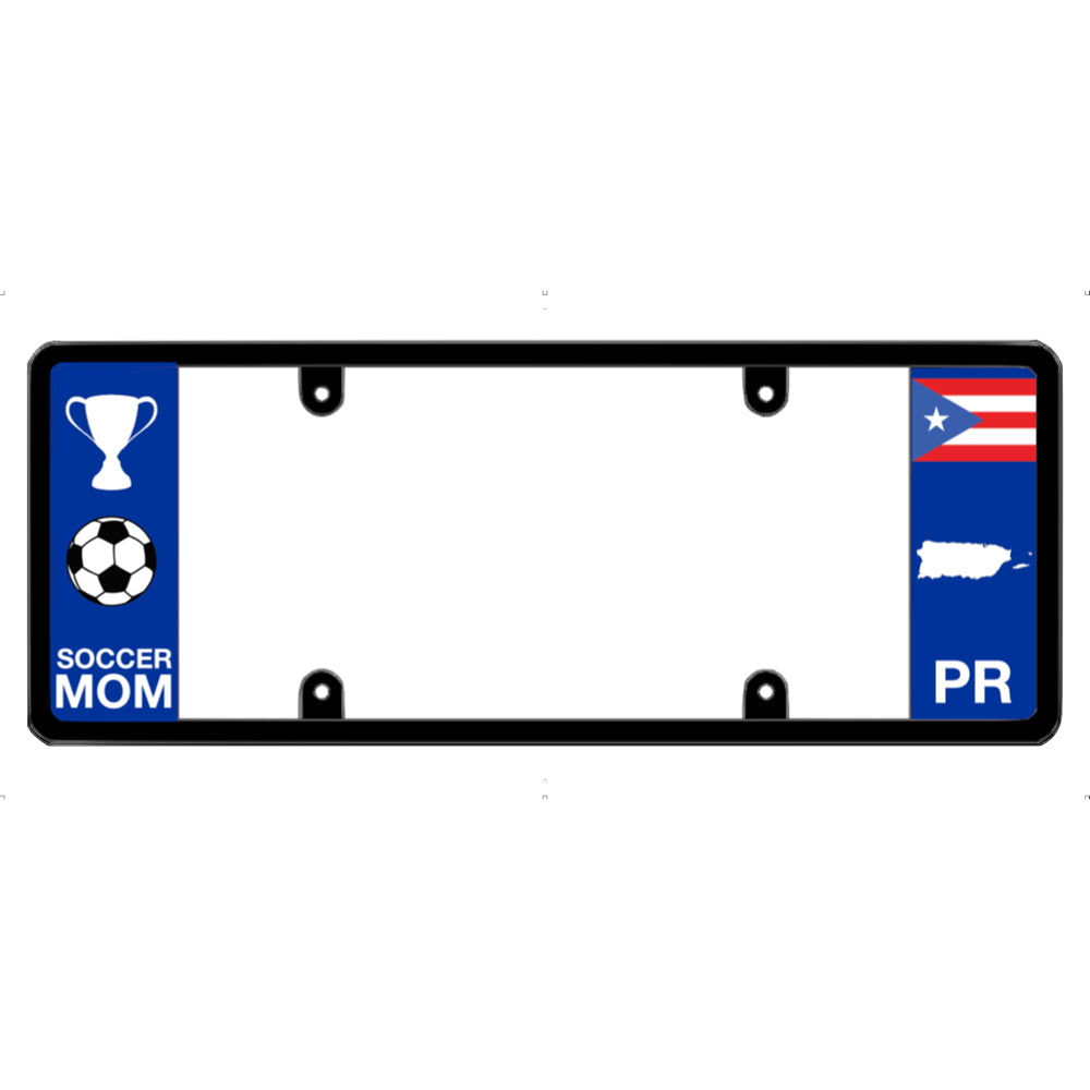 License plate frame with 'Soccer Mom' and Puerto Rican flag design on a white background