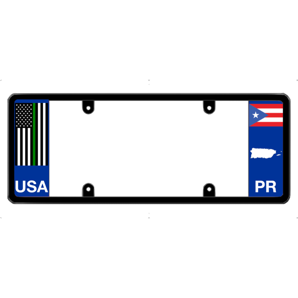 License plate frame with USA thin green line and Puerto Rico flags on a white background