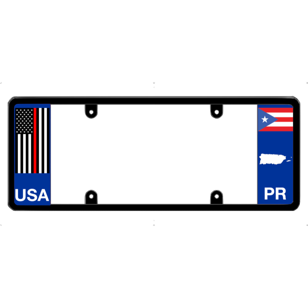 License plate frame with USA thin red line and Puerto Rico flags on a white background
