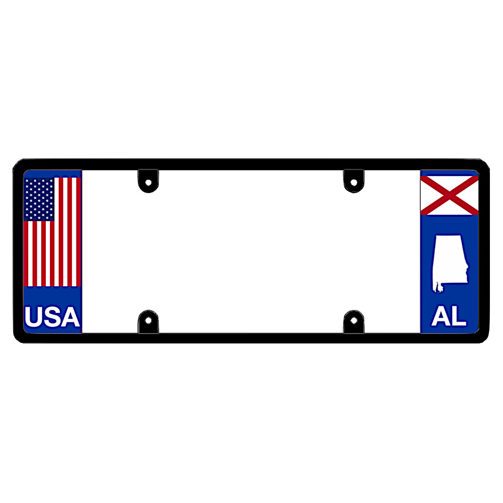 Alabama license plate frame USA flag holder by DFS, the official license frame of America. Drive your identity using premium truck and car accessories decorated with a vertical red white and blue Star-Spangled Banner stripe layout next to a bold AL state flag cross graphic.