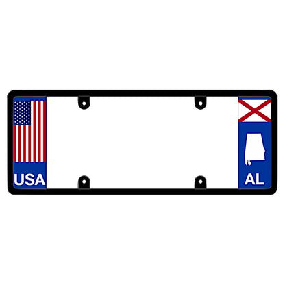 Alabama license plate frame USA flag holder by DFS, the official license frame of America. Drive your identity using premium truck and car accessories decorated with a vertical red white and blue Star-Spangled Banner stripe layout next to a bold AL state flag cross graphic.