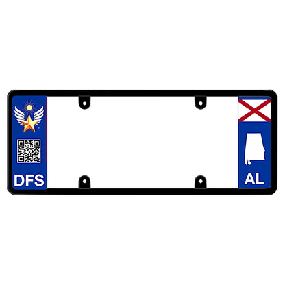 Alabama license plate frame custom badge by DFS, the official license frame of America. Drive your identity with a high-tech smart car exterior accessory featuring a gold winged star emblem medallion, scannable QR code graphic, and local AL state logo styling.