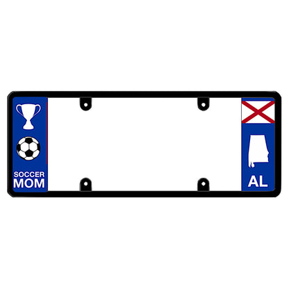 Alabama license plate frame soccer mom wrap by DFS, the official license frame of America. Drive your identity with protective SUV and van trim carrying a crisp white championship trophy, soccer ball graphic, and a crimson red AL state map icon.