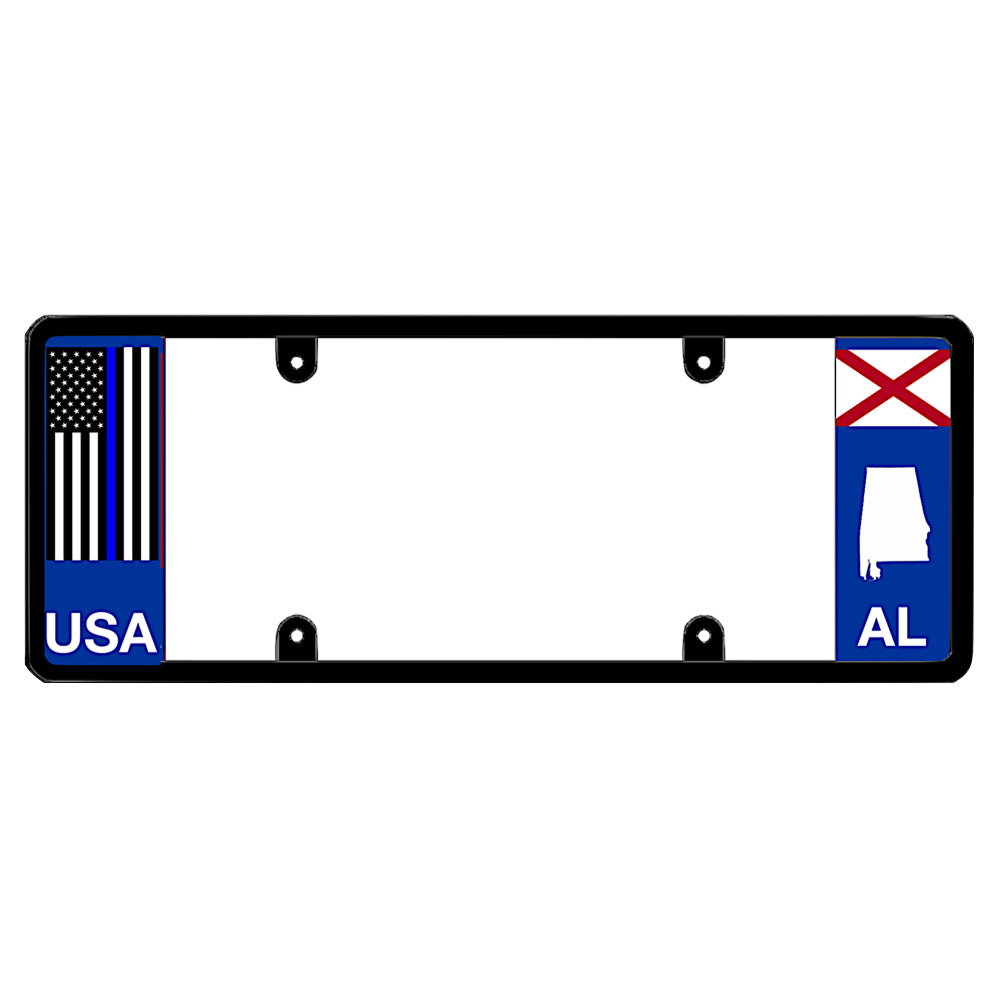 Alabama license plate frame thin blue line auto rim by DFS, the official license frame of America. Drive your identity with police officer and sheriff support gear displaying a blacked-out pro-law enforcement flag stripe and local AL state graphic print.