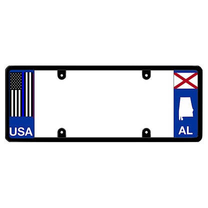 Alabama license plate frame thin blue line auto rim by DFS, the official license frame of America. Drive your identity with police officer and sheriff support gear displaying a blacked-out pro-law enforcement flag stripe and local AL state graphic print.