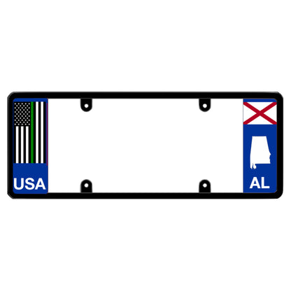 Alabama license plate frame thin green line guard by DFS, the official license frame of America. Drive your identity using armed forces and border patrol support car merchandise featuring a tactical green line American flag decal and a signature crimson AL map profile.