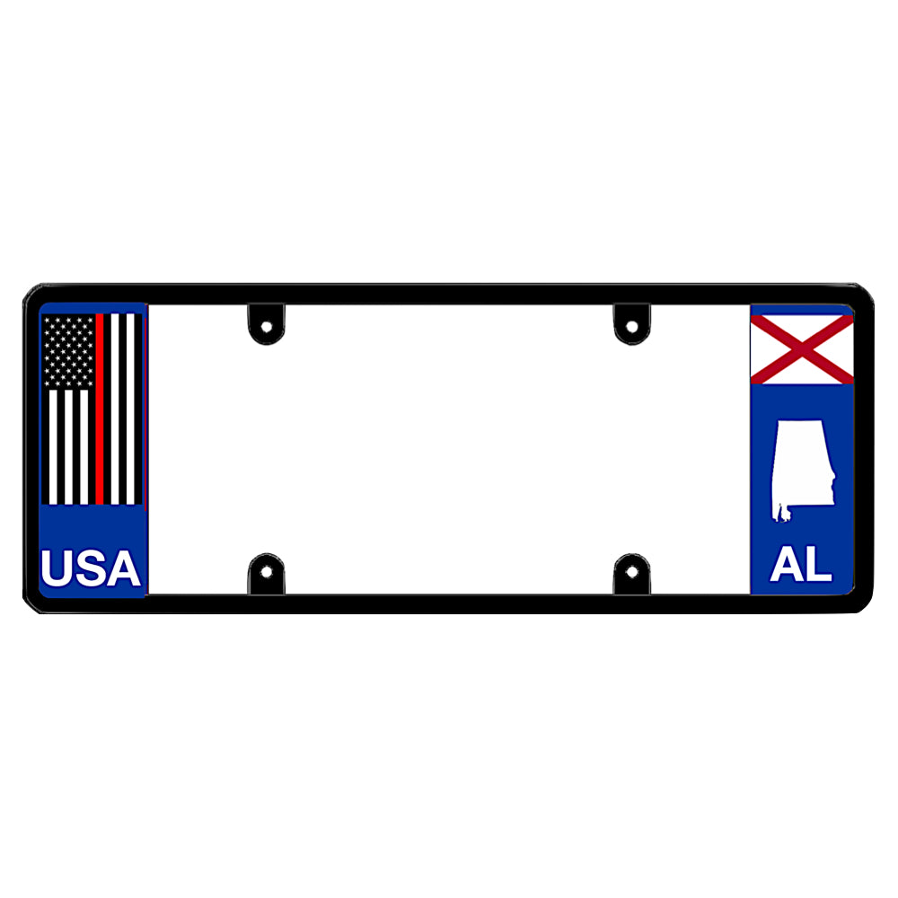 Alabama license plate frame thin red line vehicle hardware by DFS, the official license frame of America. Drive your identity with a fire department and first responder tribute item boasting an emergency services red stripe decal beside an AL state flag design.