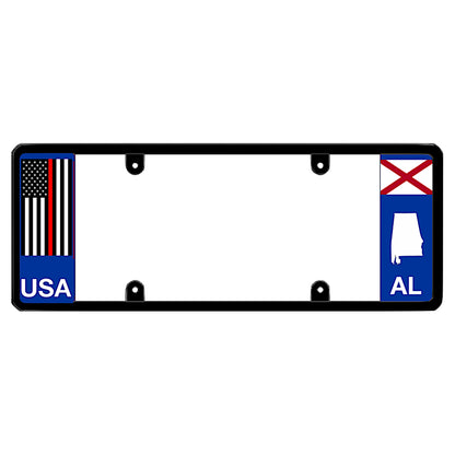 Alabama license plate frame thin red line vehicle hardware by DFS, the official license frame of America. Drive your identity with a fire department and first responder tribute item boasting an emergency services red stripe decal beside an AL state flag design.