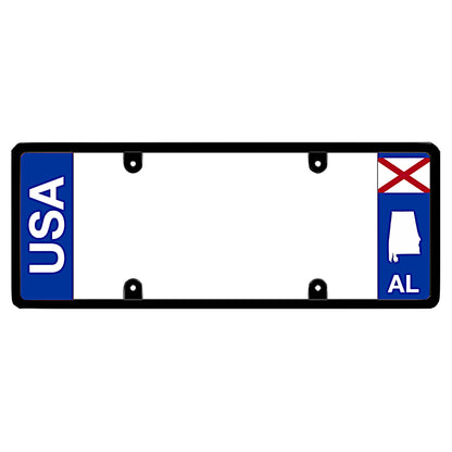 Alabama license plate frame USA text mount by DFS, the official license frame of America. Drive your identity with an ऑल-वेदर automotive guard displaying clean block USA lettering alongside a minimalist red and white AL state flag cross pattern.