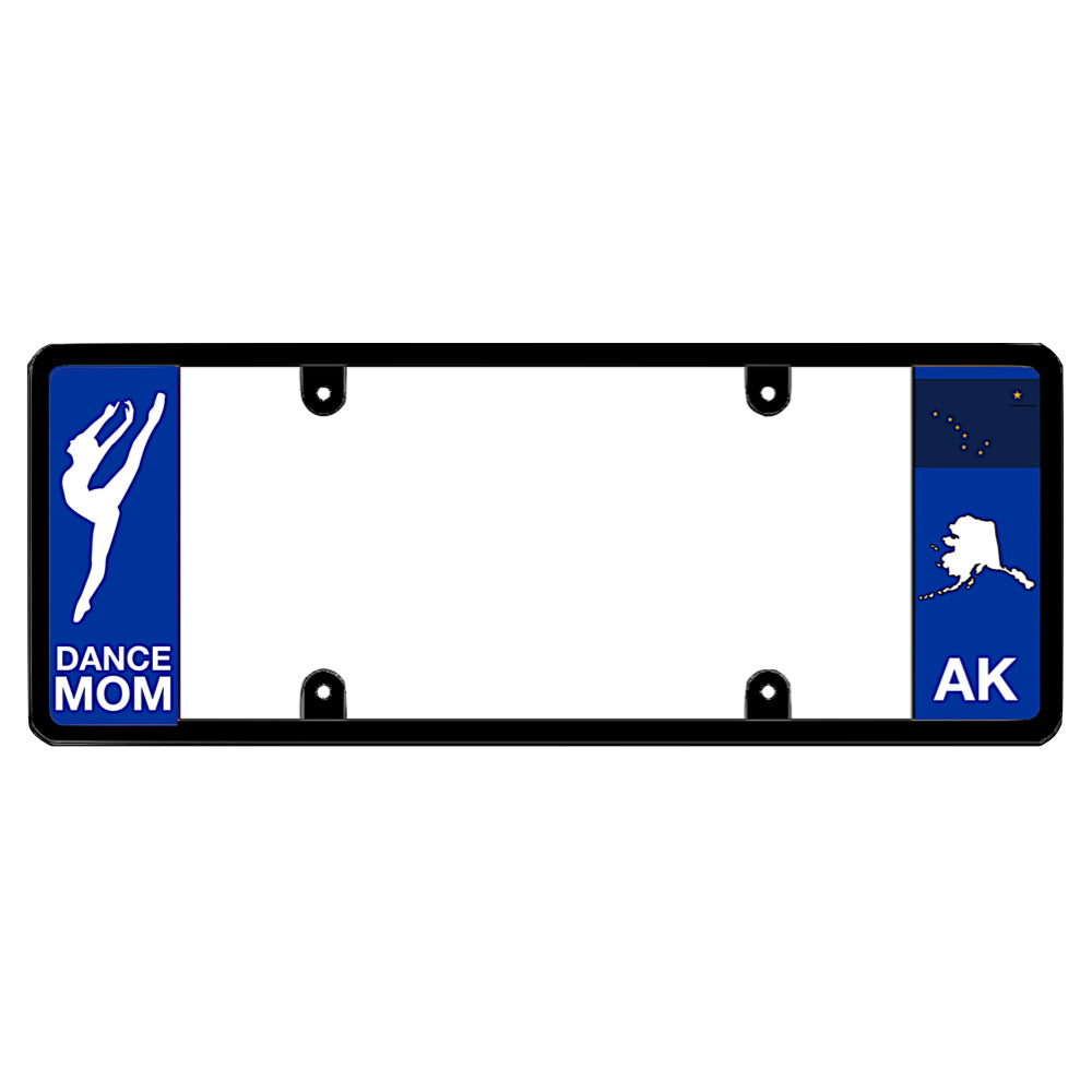 A dance mom themed black elongated Alaska license plate frame showing a dancer silhouette and a blue AK panel by DFS Brands.