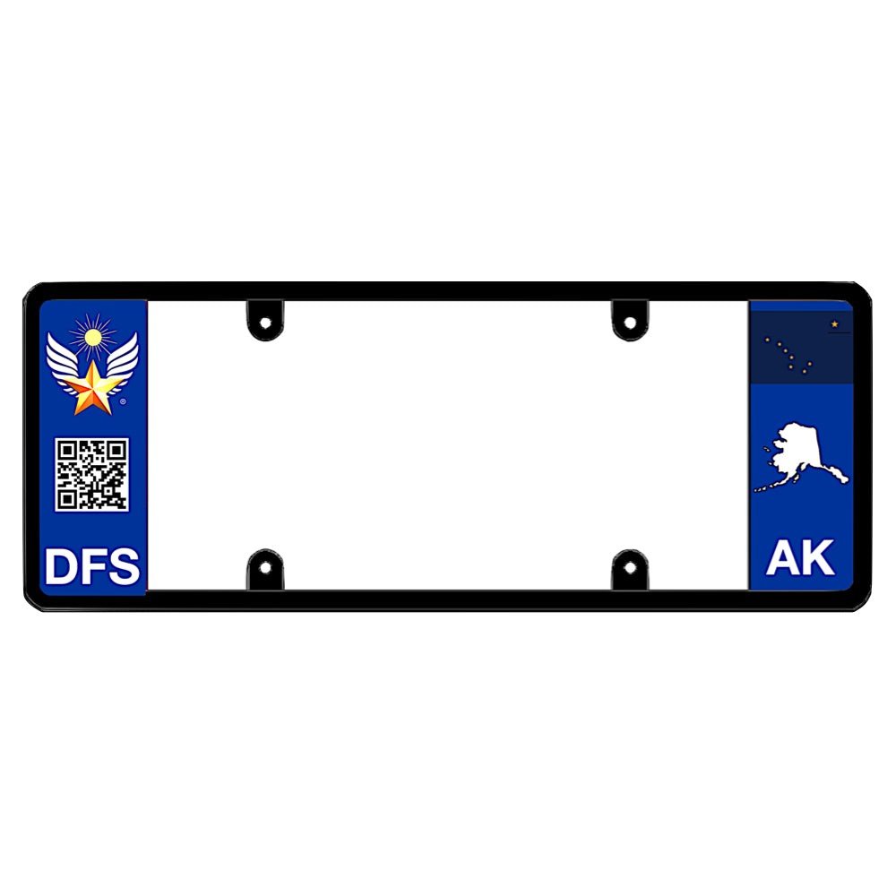 Official DFS Brands patented Alaska license plate frame with a scan QR code and a blue AK logo side wing.