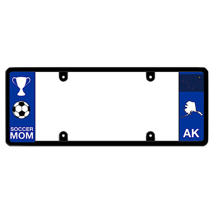 A black elongated Alaska license plate frame featuring a soccer mom theme and a blue AK side panel by DFS Brands.