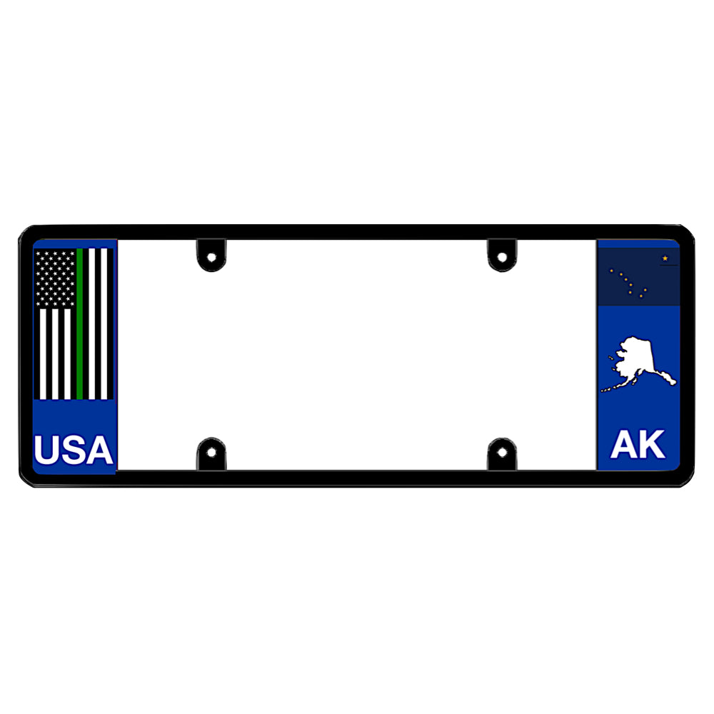 A black elongated Alaska license plate holder with a tactical thin green line flag and printed AK graphics by DFS Brands.