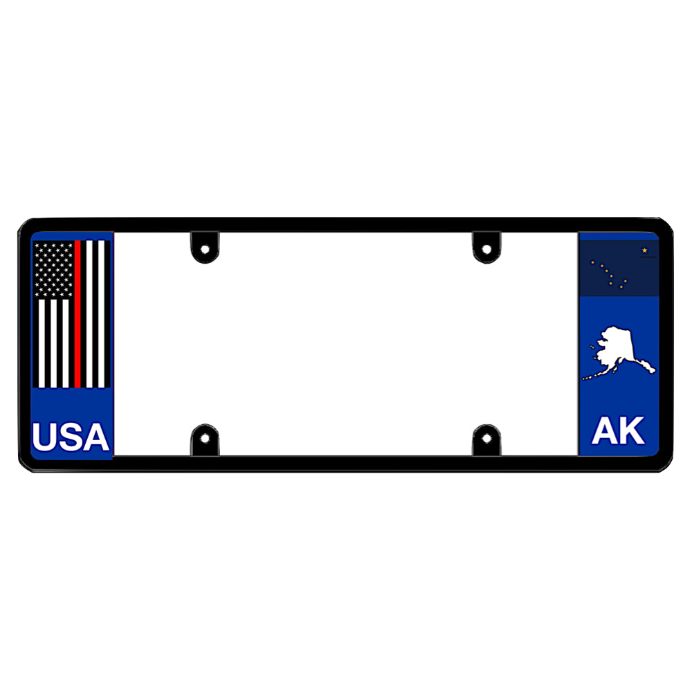 A black elongated Alaska license plate frame featuring a thin red line firefighter flag and blue AK text panel by DFS Brands.