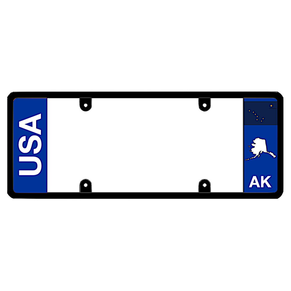 A black elongated Alaska license plate frame featuring clean bold vertical USA and AK text panels by DFS Brands.