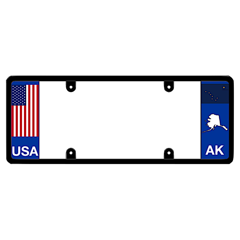 A black elongated Alaska license plate frame with a USA flag design and a white AK state map outline by DFS Brands.