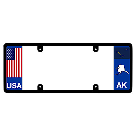 Alaska license plate frame with American flag and 'AK' for Alaska state on a white background