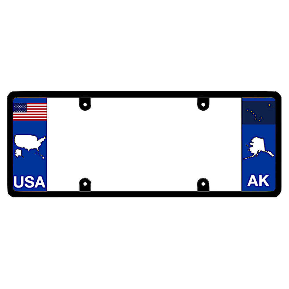 A black elongated Alaska car tag holder showcasing a USA map graphic and a white AK state silhouette by DFS Brands.
