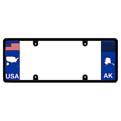 A black elongated Alaska car tag holder showcasing a USA map graphic and a white AK state silhouette by DFS Brands.