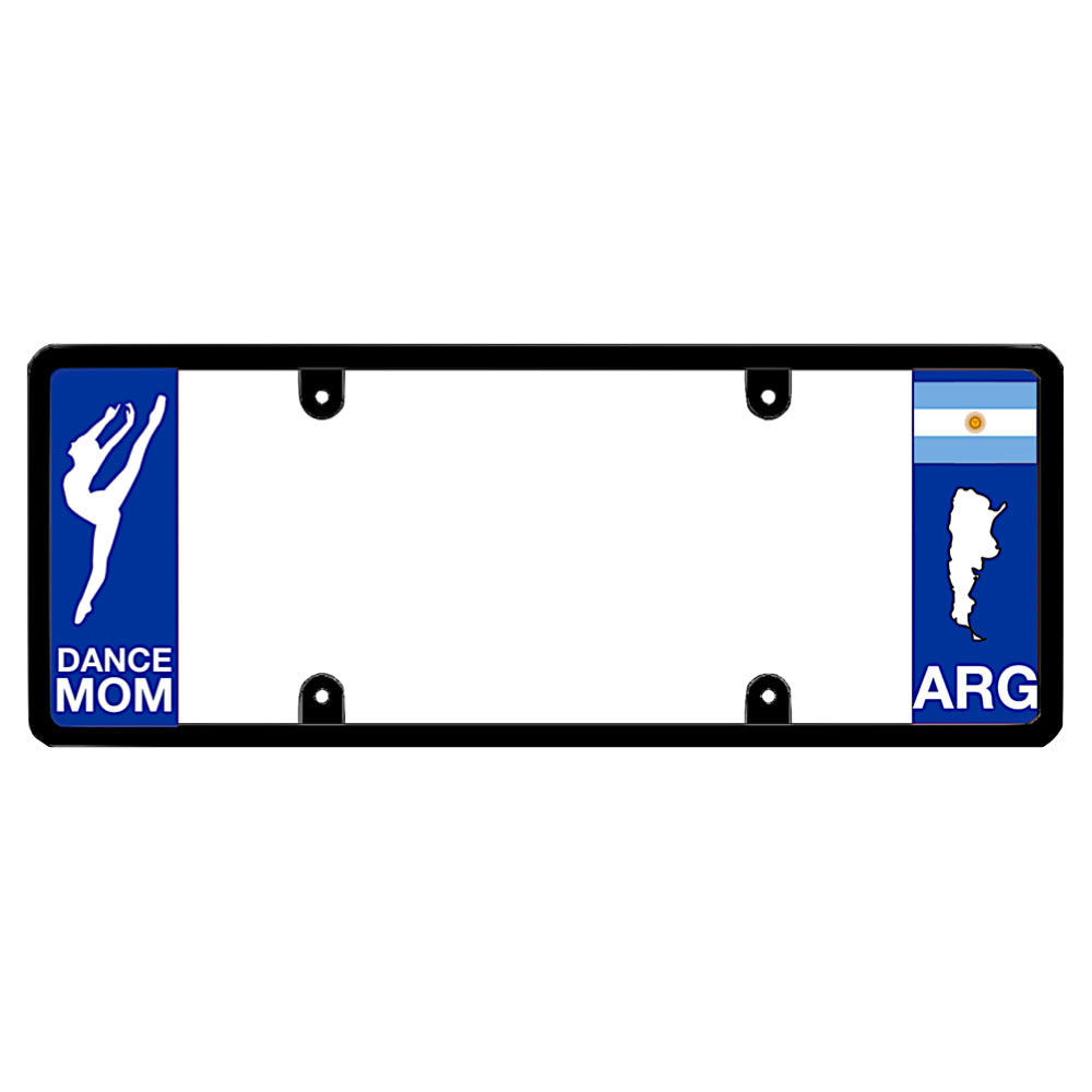 Argentinian license plate frame featuring a white dancer silhouette above white Dance Mom lettering on the left blue panel, and an Argentina flag above a white country map outline and ARG lettering on the right blue panel official for argentina dancers
