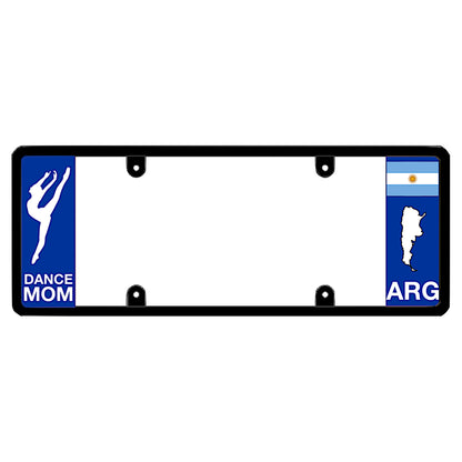 Argentinian license plate frame featuring a white dancer silhouette above white Dance Mom lettering on the left blue panel, and an Argentina flag above a white country map outline and ARG lettering on the right blue panel official for argentina dancers