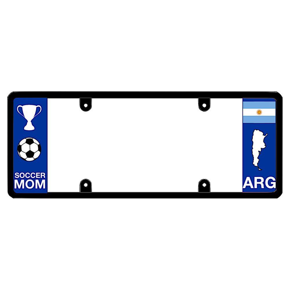 Argentinian license plate frame featuring an official trophy and soccer ball graphic above white Soccer Mom lettering on the left blue panel, and an Argentina flag above a white country map outline and ARG lettering on the right blue panel for Argentina official football player 