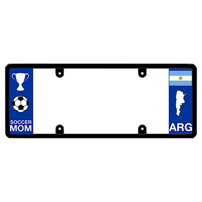Argentinian license plate frame featuring an official trophy and soccer ball graphic above white Soccer Mom lettering on the left blue panel, and an Argentina flag above a white country map outline and ARG lettering on the right blue panel for Argentina official football player 