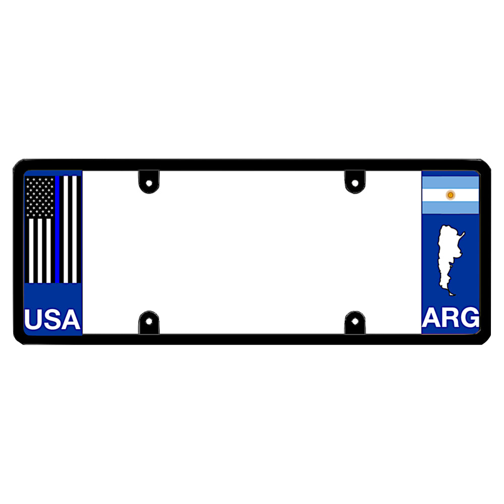Argentinian license plate frame featuring a  police sheriff vertical thin blue line American flag above white USA lettering on the left blue panel, and an Argentina flag above a white country map outline and ARG lettering on the right blue panel