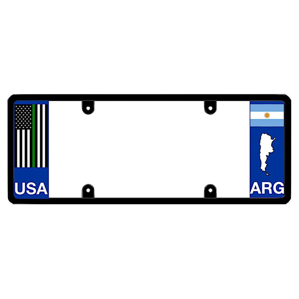 Argentinian license plate frame featuring a military vertical thin green line American flag above white USA lettering on the left blue panel, and an Argentina national flag above a white country map outline and ARG lettering on the right blue panel