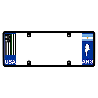 Argentinian license plate frame featuring a military vertical thin green line American flag above white USA lettering on the left blue panel, and an Argentina national flag above a white country map outline and ARG lettering on the right blue panel