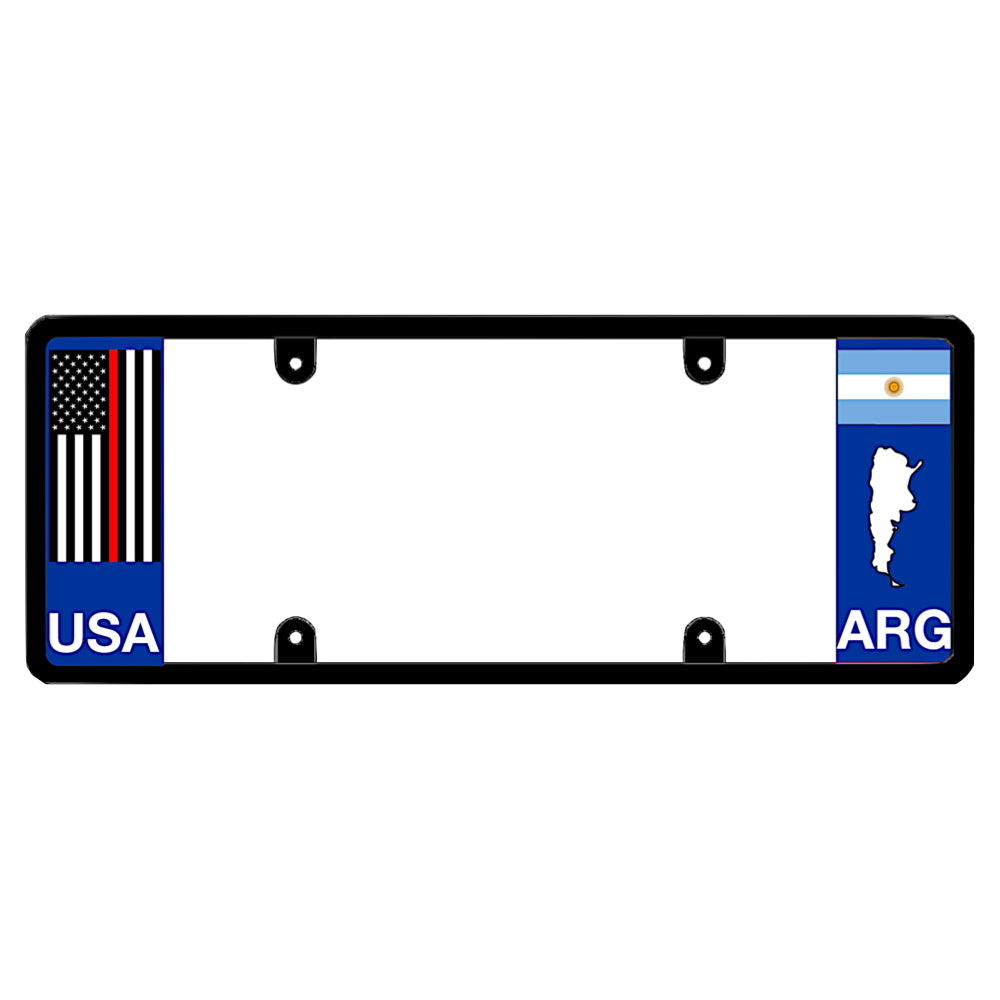 Argentinian license plate frame featuring a firefighter vertical thin red line American flag above white USA lettering on the left blue panel, and an Argentina national flag above a white country map outline and ARG lettering on the right blue panel