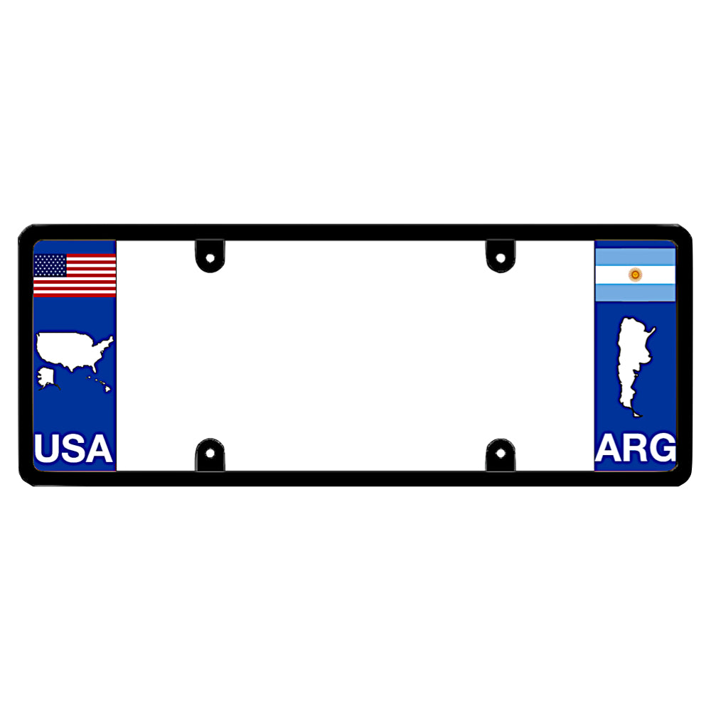 Argentinian license plate frame featuring a traditional red, white, and blue American flag above a white USA map outline and USA lettering on the left blue panel, and an Argentina national flag above a white country map outline and ARG lettering on the right blue panel Patented by DFS the Official license frame of America
