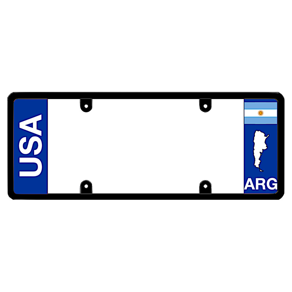 Argentinian official license plate frame featuring vertical white USA lettering on a solid blue panel on the left, and an Argentina national flag above a white country map shape and ARG lettering on the right patented by DFS