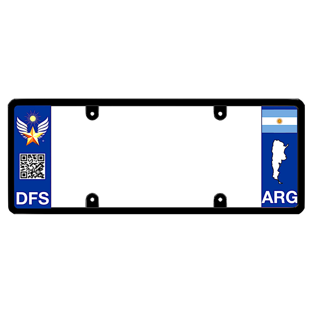 Argentinian license plate frame featuring a blue left panel with a gold star wing logo, a scannable QR code, and white DFS text, and a blue right panel displaying the Argentina flag above a white country map shape and ARG text exclusively for Argentina by DFS the official license frame of America