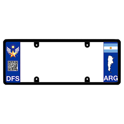 Argentinian license plate frame featuring a blue left panel with a gold star wing logo, a scannable QR code, and white DFS text, and a blue right panel displaying the Argentina flag above a white country map shape and ARG text exclusively for Argentina by DFS the official license frame of America
