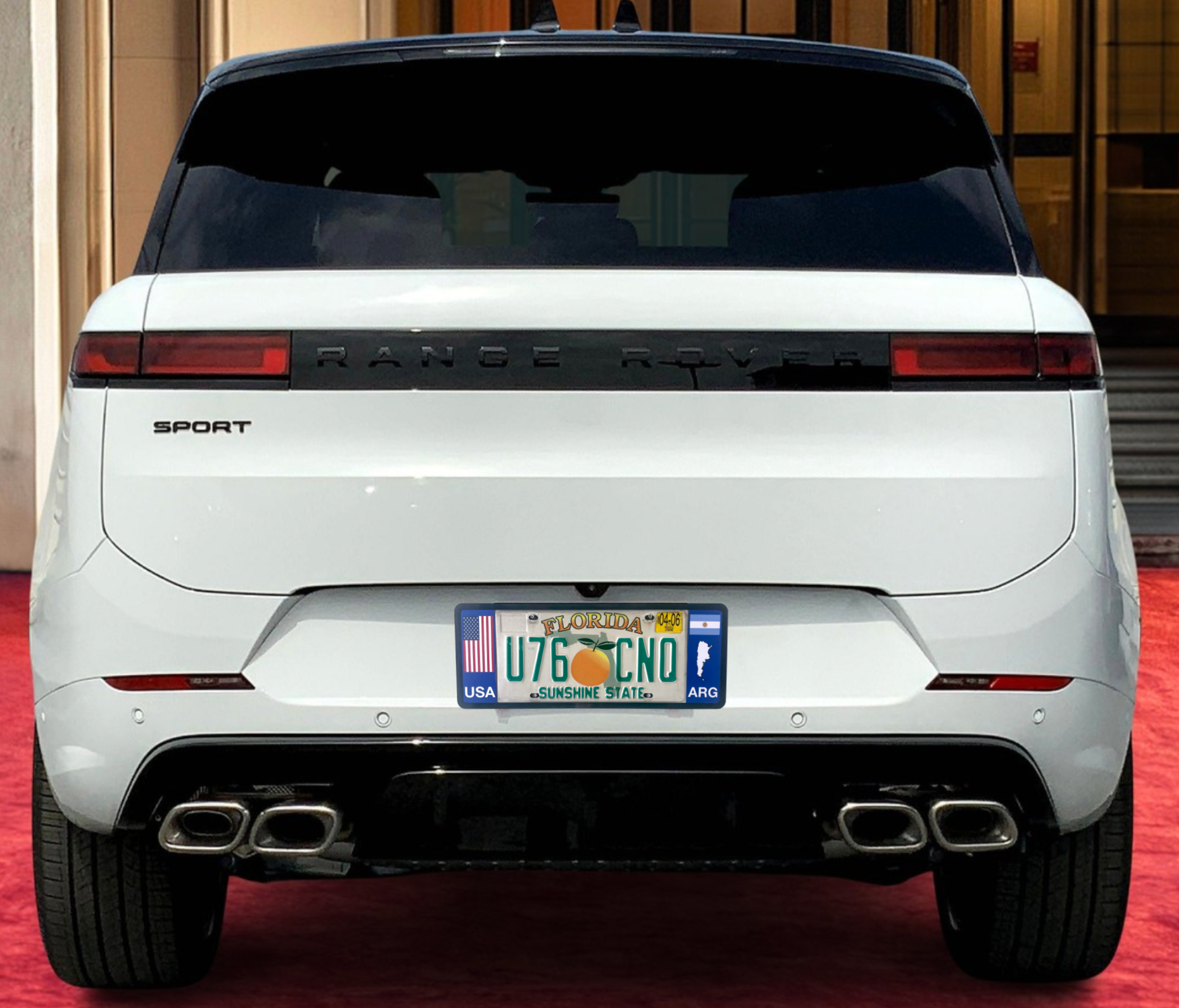 white range rover with DFS official license frame of America choosing international countries or states options to drive your identity by DFSbrands.com for Argentinian