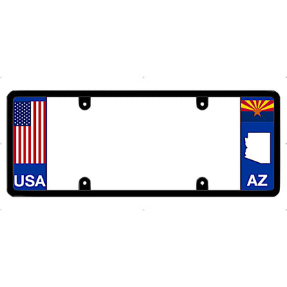 Arizona license plate frame USA flag holder by DFS, the official license frame of America. Drive your identity with an all-weather license frame perimeter showing a vertical red white and blue old glory design beside a custom AZ flag copper star graphic.