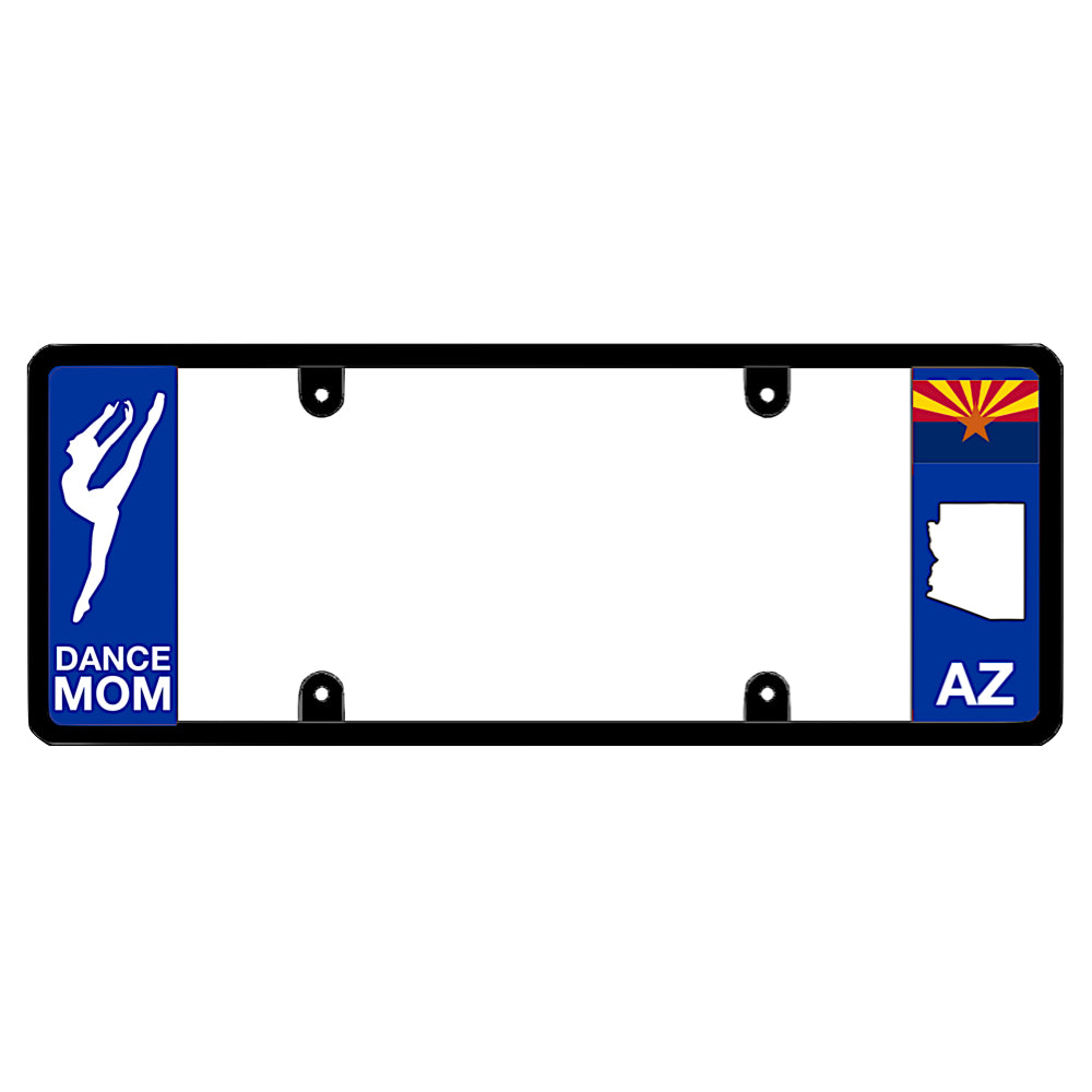 Arizona license plate frame dance mom cover by DFS, the official license frame of America. Drive your identity using a premium automotive accessory detailed with an elegant white ballet dancer silhouette graphic against a local AZ flag copper star background panel.