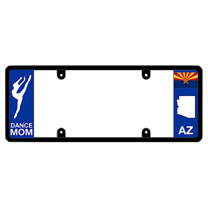 Arizona license plate frame dance mom cover by DFS, the official license frame of America. Drive your identity using a premium automotive accessory detailed with an elegant white ballet dancer silhouette graphic against a local AZ flag copper star background panel.
