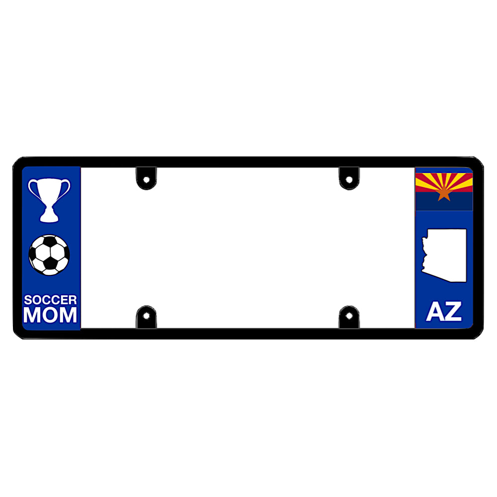 Arizona license plate frame soccer mom wrap by DFS, the official license frame of America. Drive your identity with sports family SUV and minivan exterior gear displaying a white championship trophy, soccer ball design, and AZ flag sunburst layout.